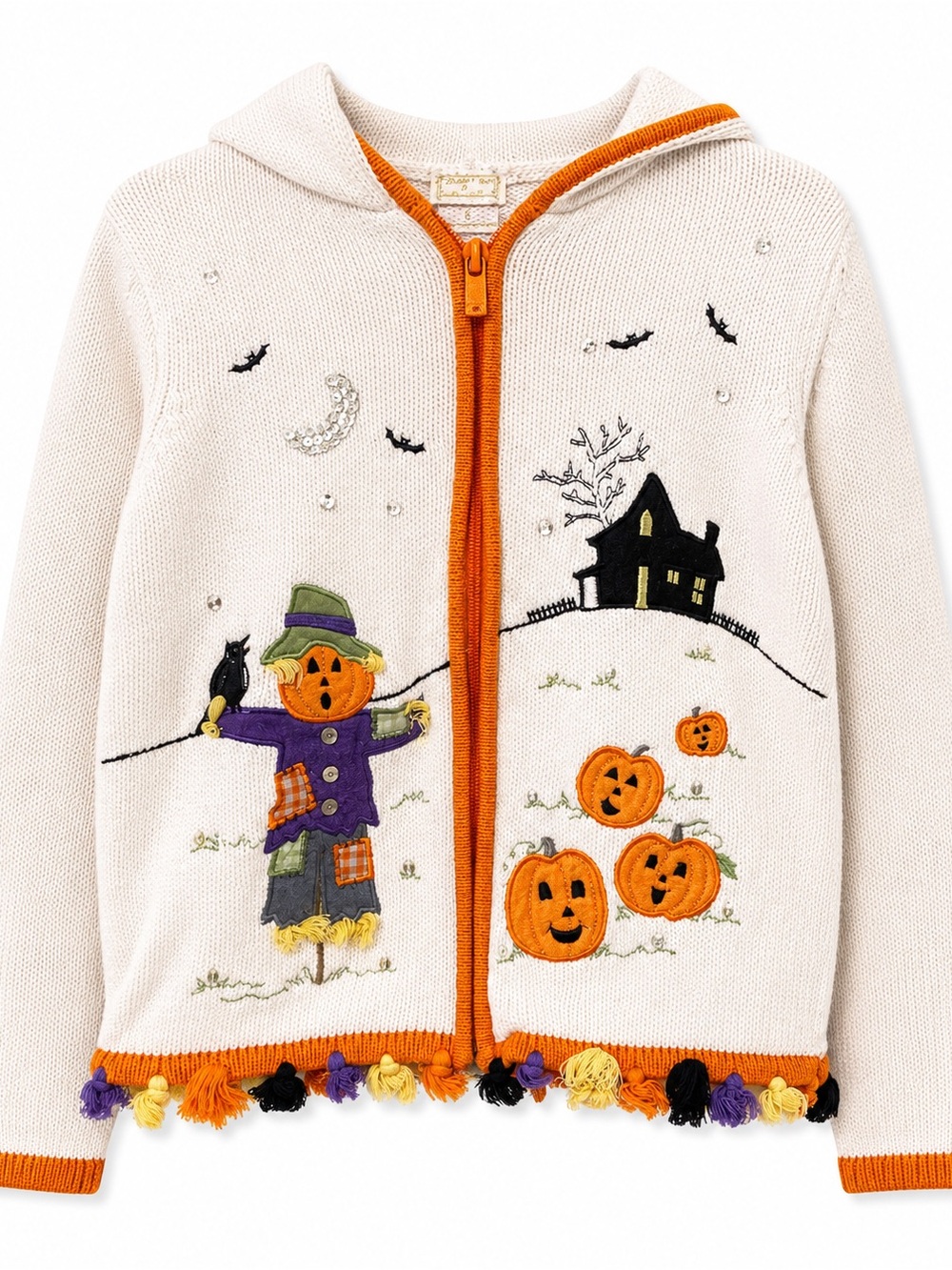 Cream Hooded Halloween Cardigan with Orange Trim and Festive Scenery